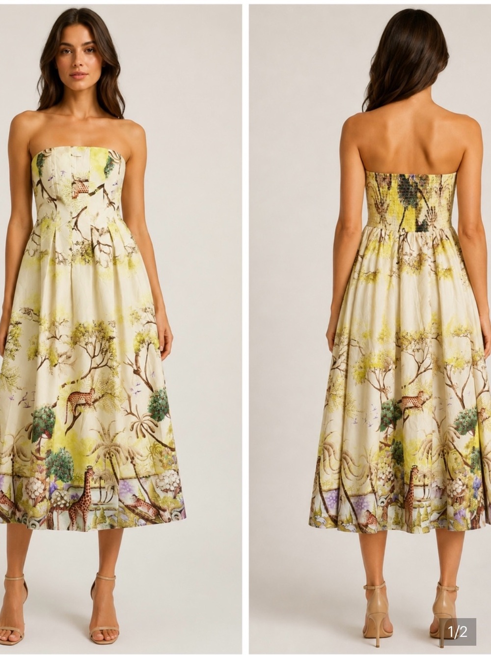NWT - Caroline Constas Strapless Botanical Safari Midi Dress - Cream & Yellow - Picture 2 of 5